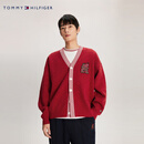TOMMY HILFIGER男女情侣混纺刺绣宽松镶边V领红色开衫外套毛衣34196 胭脂红XMP M （推荐：135-150斤）