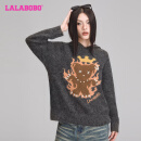 LALABOBO羊毛混纺连帽毛衣女秋冬新款火焰熊宽松针织套头衫LBDD-WSTM12 灰色 厚款 M