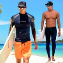 SAILBEE泳衣男士浮潜水服全身沙滩防晒冲浪服漂流泳装长袖上衣水母衣套装 藏青拼橙上衣三件套 2XL