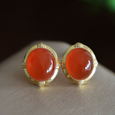 森宝莱18K金镶原矿南红耳钉女养耳洞 高品质冰红老料 时尚精美玉石耳饰 18K金南红耳钉