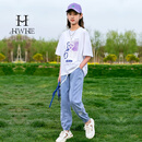 HWHE设计师品牌童装女童夏季短袖T恤套装2025新款洋气学生潮流两件套 白色 160 cm