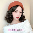 唐妮秋冬时尚百搭帽子假发一体女仿真发短卷发贝雷帽全头套式假发帽 摩登梨花卷贝雷帽假发-【冷棕色】