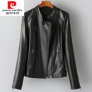 皮尔卡丹（pierre cardin）针织海宁皮衣女短款皮机车皮夹克外套立领2025秋季新款 黑色 M