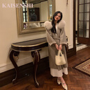 KAISENSHI鄂尔多斯市产雪后初霁 2024新款狐狸毛中长款连帽双面毛呢外套 产自鄂尔多斯市鼠尾草色 XS