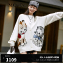 MO&Co.冬季绣线勾勒猫咪图案宽松羊毛针织衫开衫 摩安珂 米白色 XS/155