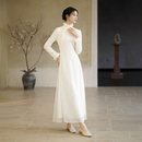 初蝉衣事新中式奥黛旗袍女秋冬季新款白色蕾丝网纱针织气质国风连衣裙 白色（衣长：135） L （现货）