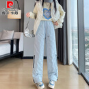皮尔卡丹防水冲锋羽绒裤女外穿2026新款冬季东北防寒防风阔腿直筒雪地棉裤 蓝色 XL