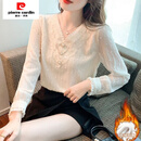 皮尔卡丹（pierre cardin）蕾丝衫女2024春季新款V领打底衫时尚内搭加绒加厚上衣气质雪纺衬 杏色款 加绒 L 100-110斤