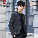 皮尔卡丹（pierre cardin）格子西服套装男修身雅痞帅气英伦青年休闲小西装韩版潮流单件外套 灰色 单西 XL