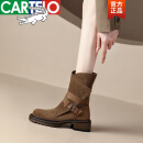 卡帝乐鳄鱼（CARTELO）新款翻毛皮短靴女春秋单靴厚底马丁靴小个子潮复古磨砂皮靴子品牌新品 棕色单里 38