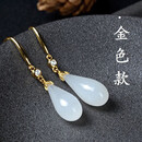 淘吻 和田玉耳环 女款天然和田白玉耳坠耳饰新款水滴形玉石女 主图金色款