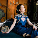 一城风絮风华逸梦丨原创设计丨夏季真丝香云纱绣花如意云肩民国古风旗袍裙 【蓝色】云肩绣花香云纱旗袍 M