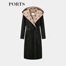 PORTS宝姿女装2024秋季新款LOGO提花连帽羊毛大衣ALT9C009UZW022 黑色印花 M （6）