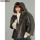 COCOBELLA[miu系穿搭]手工擦色PU皮衣女冬保暖棉服外套PU3007 复古栗棕 S