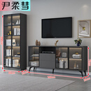 电视柜书柜组合现代简约小户型茶几家用卧室新款玻璃收纳储物柜 轻奢灰矮柜160CM+高柜80CM宽 包安装