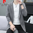 皮尔卡丹（pierre cardin）纯色针织条纹风衣男中长款毛衣西服潮流韩版单西春秋线衣开衫外套 MK18灰色 M 90-105斤