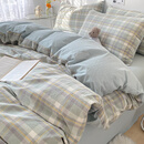 谷蝶ins水洗棉纯棉床上四件套100全棉床品格子被套男宿舍床单人件套 简兮绿 学生床 【床单款三件套】适150x2