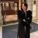 KAISENSHI鄂尔多斯市产雪后初霁 2024新款狐狸毛中长款连帽双面毛呢外套 产自鄂尔多斯市气质黑 M