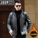 JEEP SPIRIT吉普潮流皮衣男士秋冬季中年休闲短款连帽皮夹克加绒加厚男装外套 灰色加绒加 厚款 XL 180 适合125-140斤