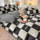 谷蝶床上四件套全棉纯棉100床品单人床笠被套学生宿舍床单被罩件套4 黑色 棋盘熊-黑 宿舍床单款(被套150x200cm)3件套