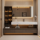 TZNUN德国中古风新款浴室柜岩板陶瓷无缝盆胡桃木色洗手洗脸盆组合定制 浅胡桃木（智能镜柜+边柜） 100cm（台面80cm）