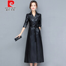皮尔卡丹针织轻奢品牌女装海宁皮衣女中长款2025秋冬新款修身显瘦过膝 黑色 M