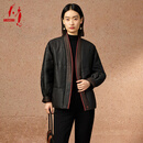 天意TANGY/天意2024秋冬新款商场同款新中式莨绸撞色香云纱棉服外套 7000莨黑古铜 M