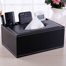 玖纹豹抽纸盒办公室高档多功能纸巾盒茶几客厅遥控器收纳盒酒店家用餐巾 皮革黑皮纹车线后三格