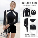 SAILBEE韩国潜水服女分体防晒长袖泳衣显瘦速干浮潜冲浪服水母衣温泉套装 黑白拉链上衣五件套 XL