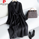 皮尔卡丹（pierre cardin）灰色双面羊绒大衣女长款收腰2025秋冬新款气质加厚羊毛呢外套 黑色  XL 建议体重129-140斤