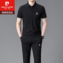 皮尔卡丹（pierre cardin）桑蚕丝运动套装男夏天冰 丝短袖T恤速干薄款中年休闲宽松品牌男装 黑色 8242 165码【适合100-120斤】