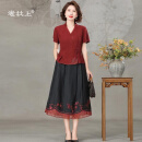 意枕上妈妈婆婆新款婚宴礼服套装真丝香云纱高贵洋气小衫上衣中式两件套 红色【上衣+半身裙】 2XL 115-130斤