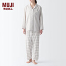 无印良品（MUJI） 女式 无侧缝双层纱织睡衣女士家居服春秋纯棉条纹格纹长袖 浅米色格纹 L(上装165/88A下装165/70A)