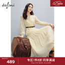 伊芙丽（eifini）伊芙丽重工细褶法式流苏飘带仙女连衣裙2023秋装新款气质优雅长裙 米黄 160/84A/M