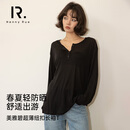 Henny Rue女士长袖T恤上衣女宽松轻薄春夏季美雅碧轻薄罩衫系扣V领空调衫 深邃黑 均码 （90-150斤）