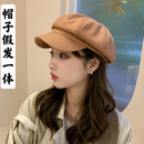 唐妮  帽子假发一体式中长卷发八角贝雷帽女秋冬网红画家鸭舌帽子百搭 米色帽【深棕色假发】 30cm