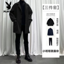 花花公子（PLAYBOY）港风秋2024冬季新款套装加绒休闲套装韩版潮流男生冬天帅气衣服 黑色外套+黑毛衣+加绒西裤【三 XL