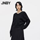 江南布衣（JNBY）秋季毛针织衫女含羊毛宽松V领套头短款长袖设计感拼接5M8310370 001/本黑 M