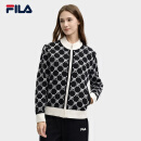 FILA 斐乐官方女士编织外套2025春新款时尚休闲拼色LOGO毛衣开衫 正黑色-BK L