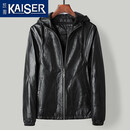 凯撒（KAISER）皮衣男头层油蜡牛皮鹅绒服2025冬季新款连帽拉链款活里活面皮外套 黑色 XL (175) (适合125-140斤)