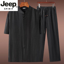 JEEP SPIRIT龟纹香云纱唐装男夏季短袖真丝桑蚕丝莨绸套装禅意中式男装中国风 黑色套装(配系绳裤) M (110-130斤)