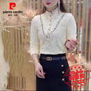 皮尔卡丹蕾丝加绒加厚打底衫女秋冬2025木耳边拼接长袖时尚洋气T恤小衫潮 米黄色木耳边不加绒 XL 建议90～108斤