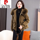 皮尔卡丹（pierre cardin）咖色加绒加厚派克服女士冬天新款小个子流行显瘦棉衣短款工装外套 咖啡色 M