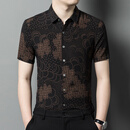 CJZ中老年男装香云纱100%桑蚕丝短袖夏新款重磅杭州印花真丝上衣薄款 黑色 L (170)