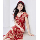 GUYN品牌高端红色碎花连衣裙女2025夏季新款优雅气质短袖修身显瘦裙子 红色花 S