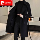 皮尔卡丹（pierre cardin）毛呢大衣男中长款帅气腰带修身羊绒呢子外套羊毛双面呢子风衣针织 黑色 195/4XL【建议170-190斤】
