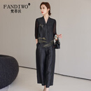 梵蒂沃（FANDIWO）品牌香云纱套装女桑蚕丝高端中式唐装皮草2025新款七分袖两件套 黑色套装 L 推荐体重90-110斤
