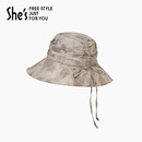 She's茜子卢梭假日艺术田园风轻薄抽绳防晒帽遮阳帽子大檐渔夫帽太阳帽 咖色F0 M(56-58cm)