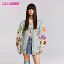 LALABOBO设计感水果刺绣宽松牛仔外套女装潮休闲个性毛边夹克LBDC-WSJW11 浅蓝白 常规 S