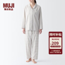 无印良品（MUJI） 女式 无侧缝双层纱织睡衣女士家居服春秋纯棉条纹格纹长袖 浅米色格纹 L(上装165/88A下装165/70A)